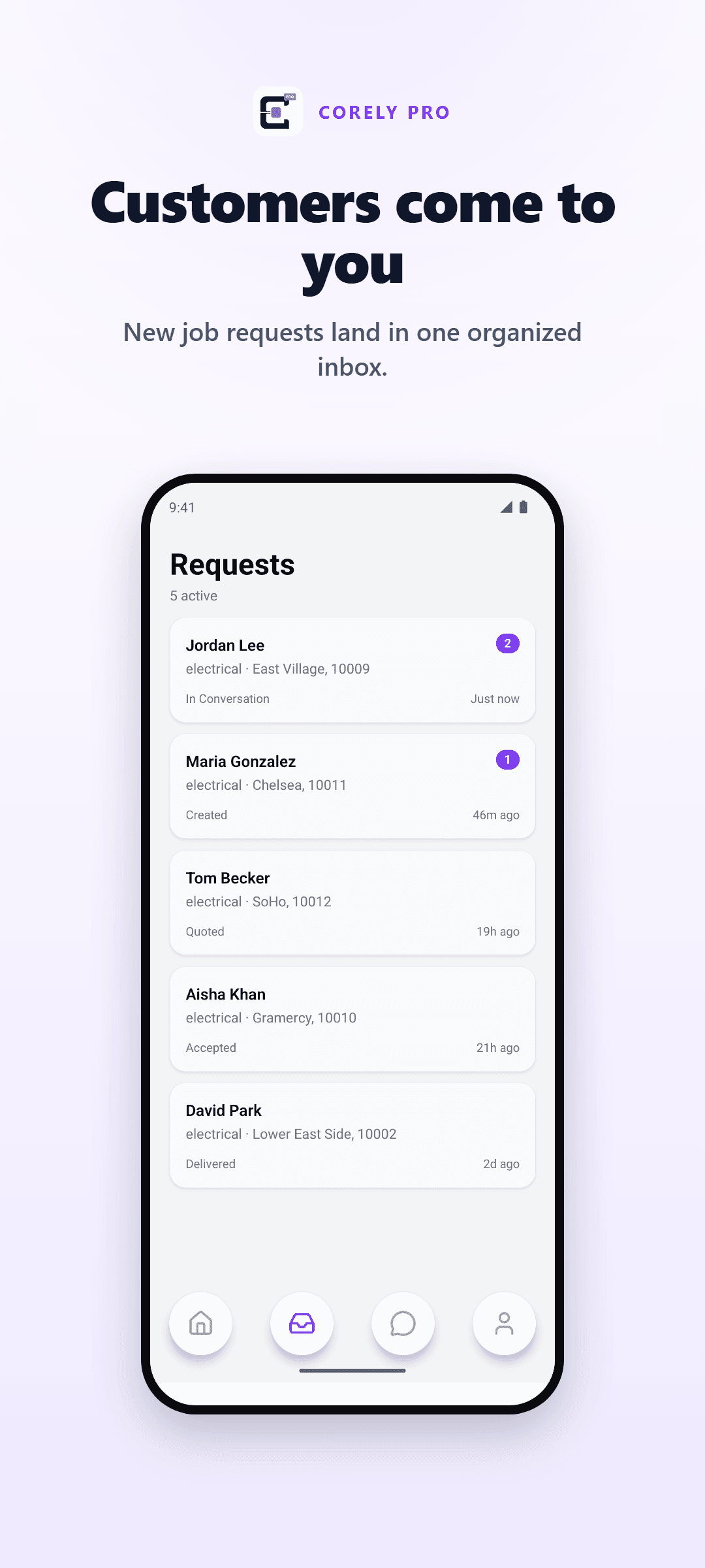 Corely Pro marketing graphic showing incoming customer requests