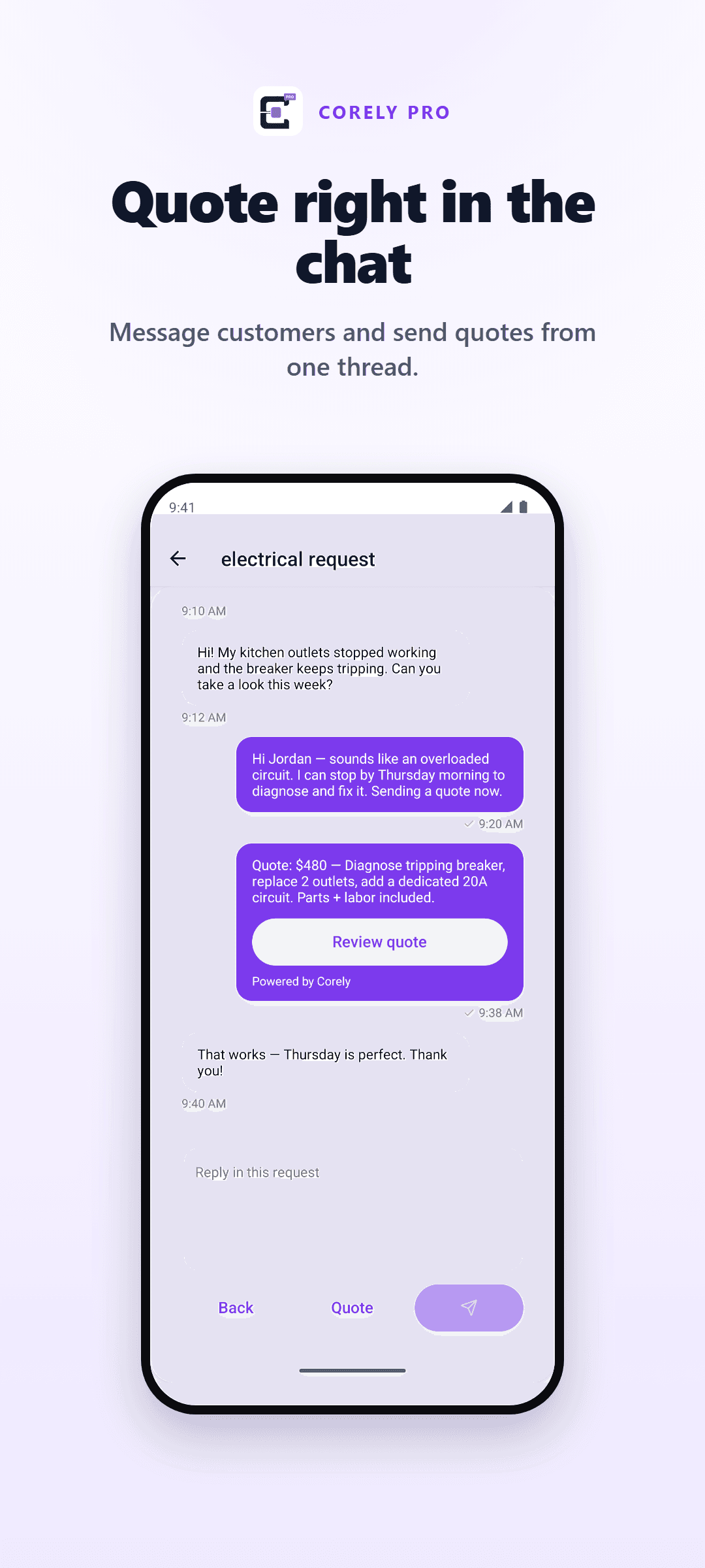 Corely Pro marketing graphic showing a quote shared in chat